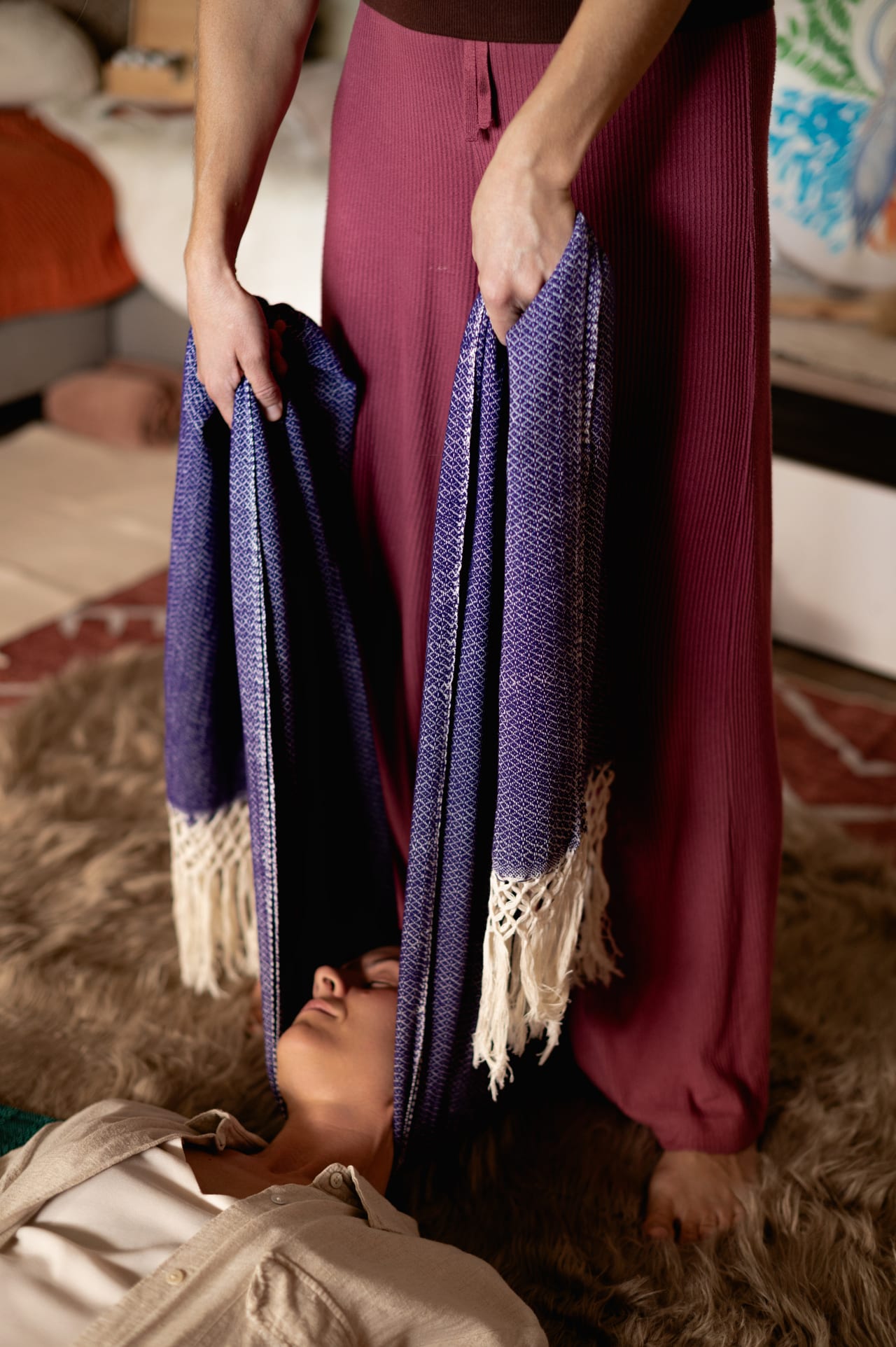 Close view of woven rebozo fabric in soft light